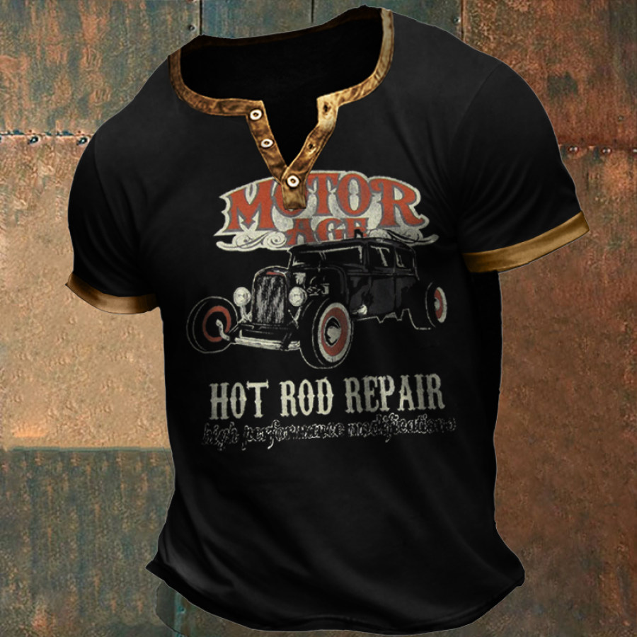 

Men's Henry Collar Motor Age Hot Rod Repair Vintage Print T-shirt