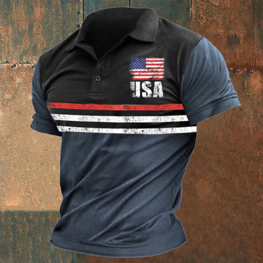 

Herren-Poloshirt Mit Amerikanischer Flagge Und Vintage-Patchwork-Aufdruck In Kontrastfarbe