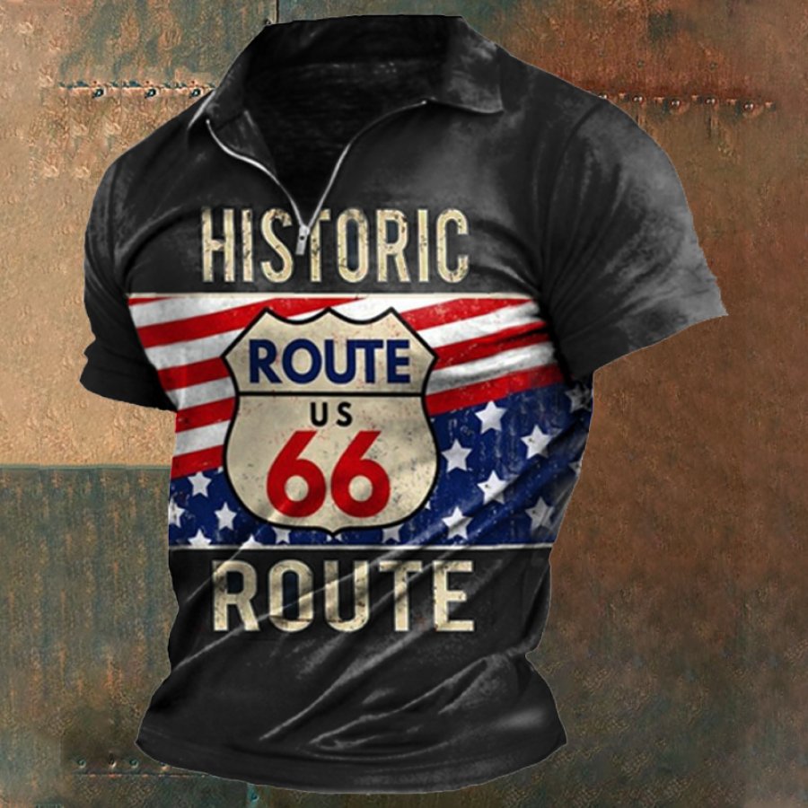 

Мужская винтажная футболка с принтом America Route 66 и воротником на молнии
