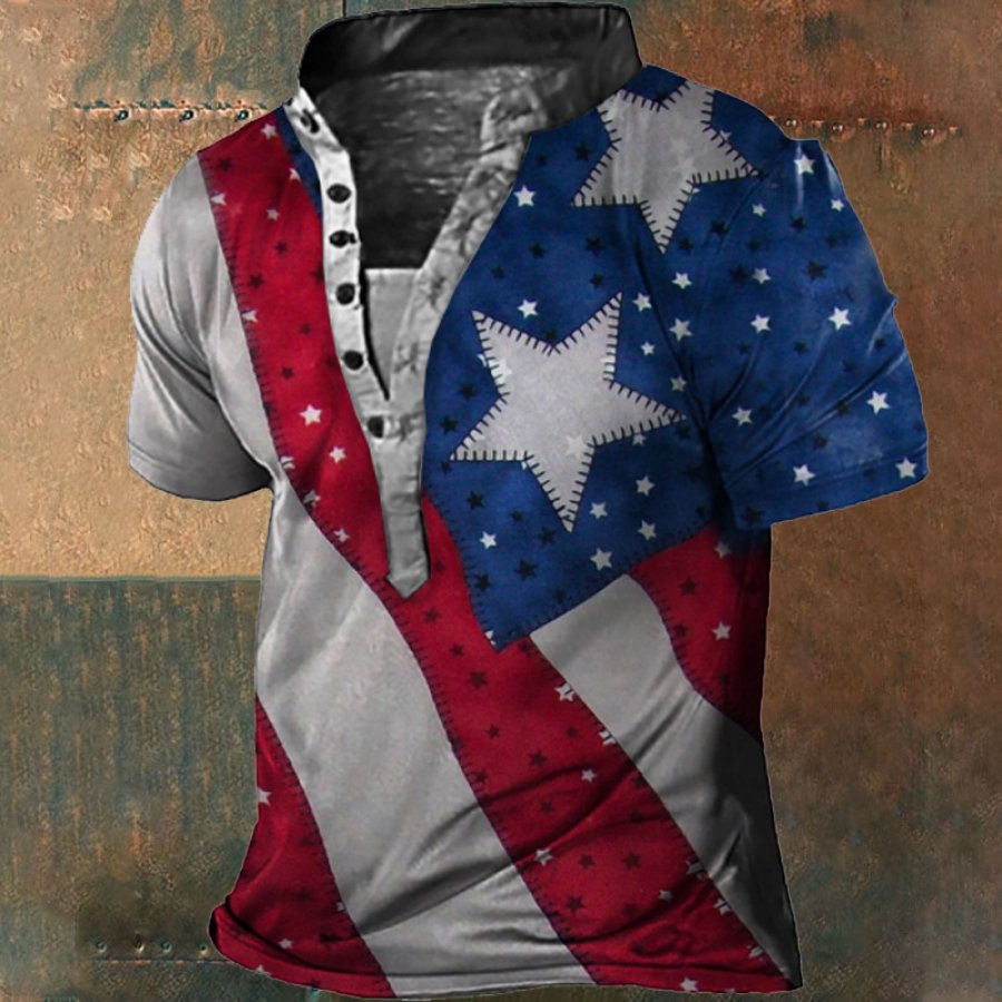 

American Flag Print Men's Vintage Henley Collar T-Shirt