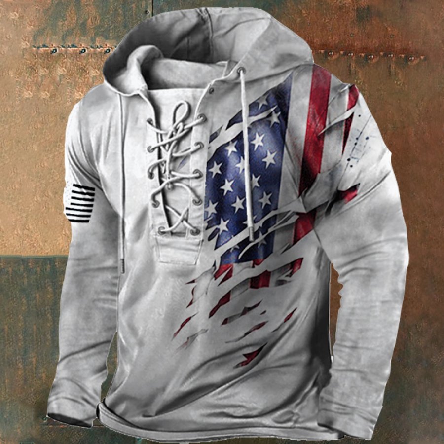 

Camiseta De Manga Larga Con Capucha Y Cordones Con Estampado De Bandera Estadounidense Vintage Para Hombre