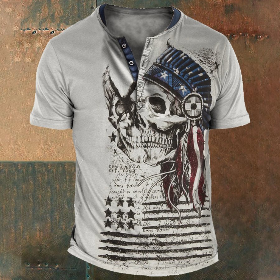 

Men's Retro American Flag Skull Pribt Color Block Henley T-Shirt