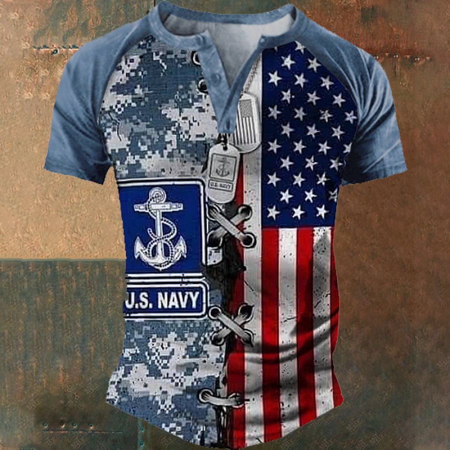 

Camiseta Henley Con Estampado Vintage De La Bandera Estadounidense Para Hombre