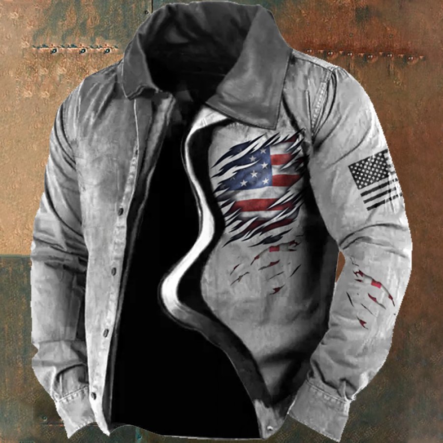 

Мужская винтажная тактическая куртка с кожаным воротником и принтом американского флага