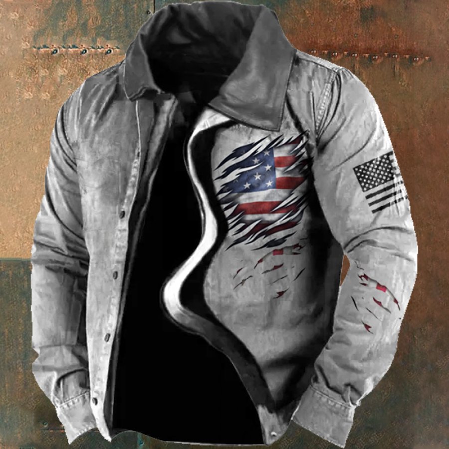 

Men's Vintage American Flag Print Leather Collar Tactical Jacket