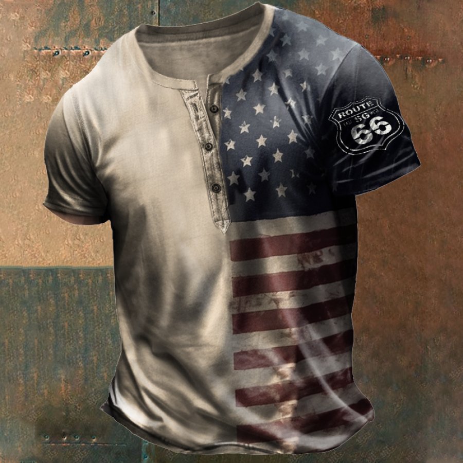 

Men's Vintage American Flag Route 66 Print Henley T-Shirt