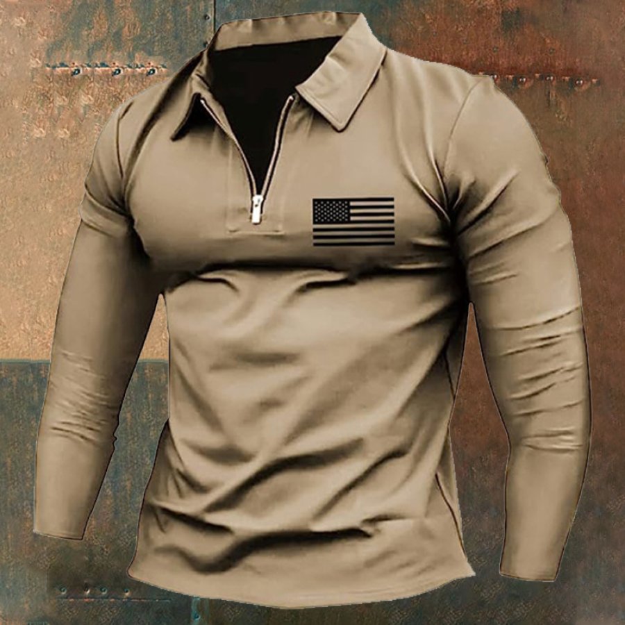 

Herren-Langarm-T-Shirt Mit Vintage-Amerikanische-Flaggen-Aufdruck Und Reißverschluss Am Revers