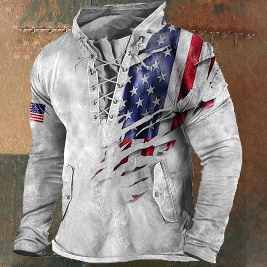 

Men's Vintage American Flag Print Outdoor Tactical Lace-Up Hooded T-Shirt