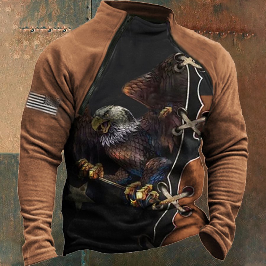 

Men's Vintage American Flag Eagle Print Turtleneck Sweatshirt