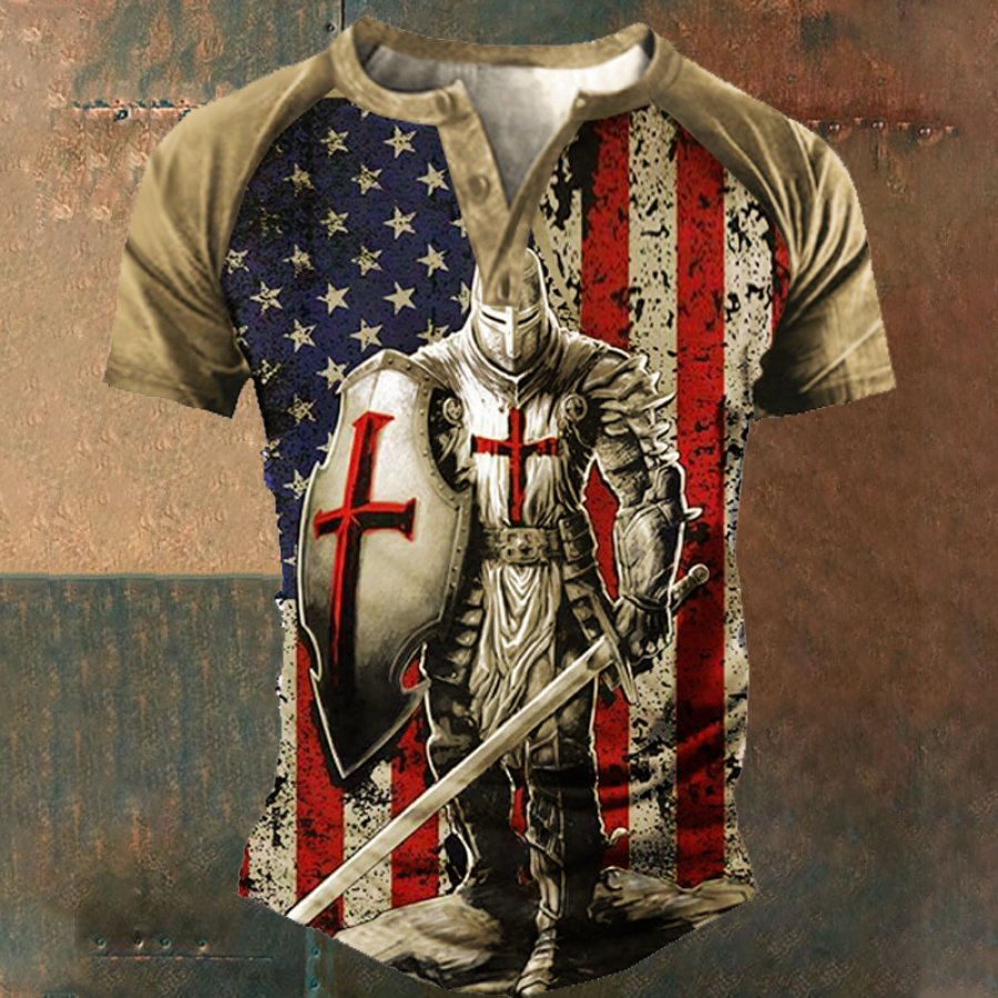 

American Flag Templar Jesus Cross Vintage Print Henley T-Shirt