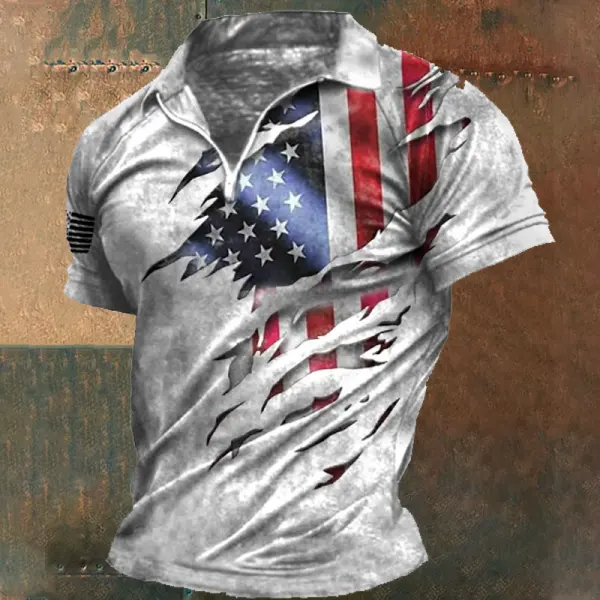 Men's Vintage American Flag Print Zip Lapel T-Shirt - Cotosen.com