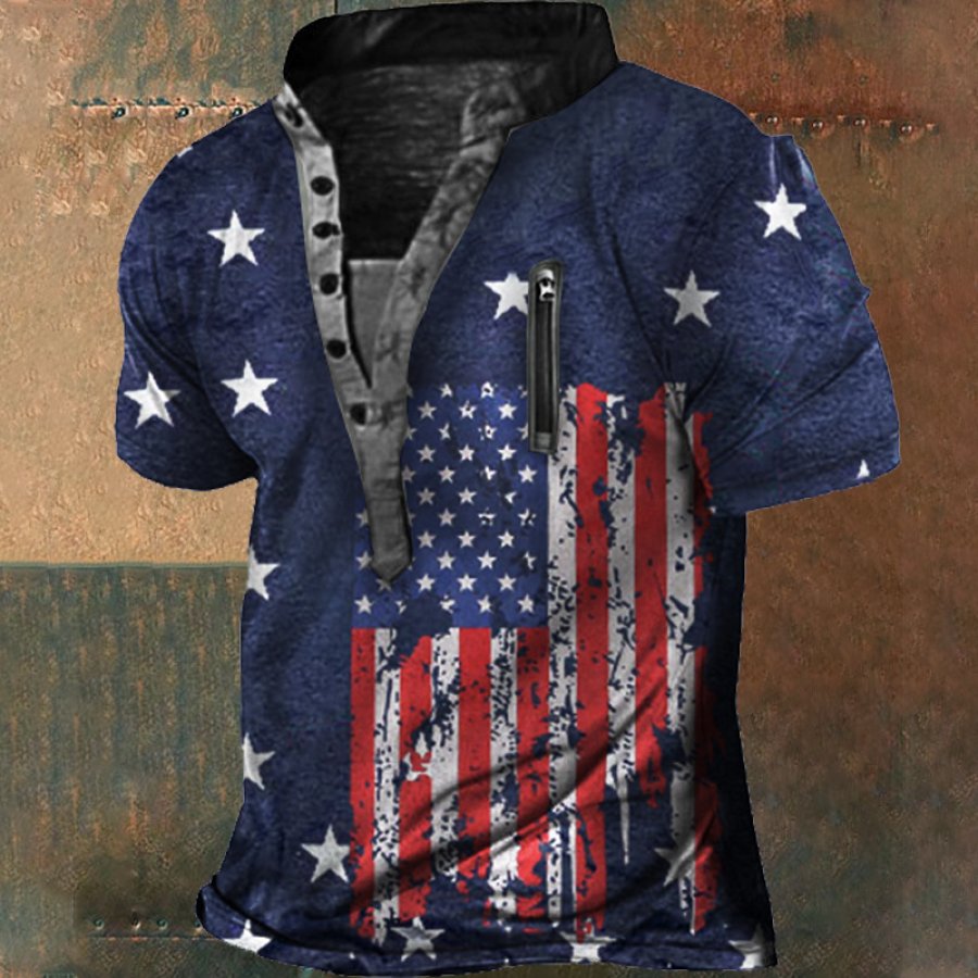 

American Flag Print Men's Outdoor Zip Retro Tactical Henley Short Sleeve T-Shirt