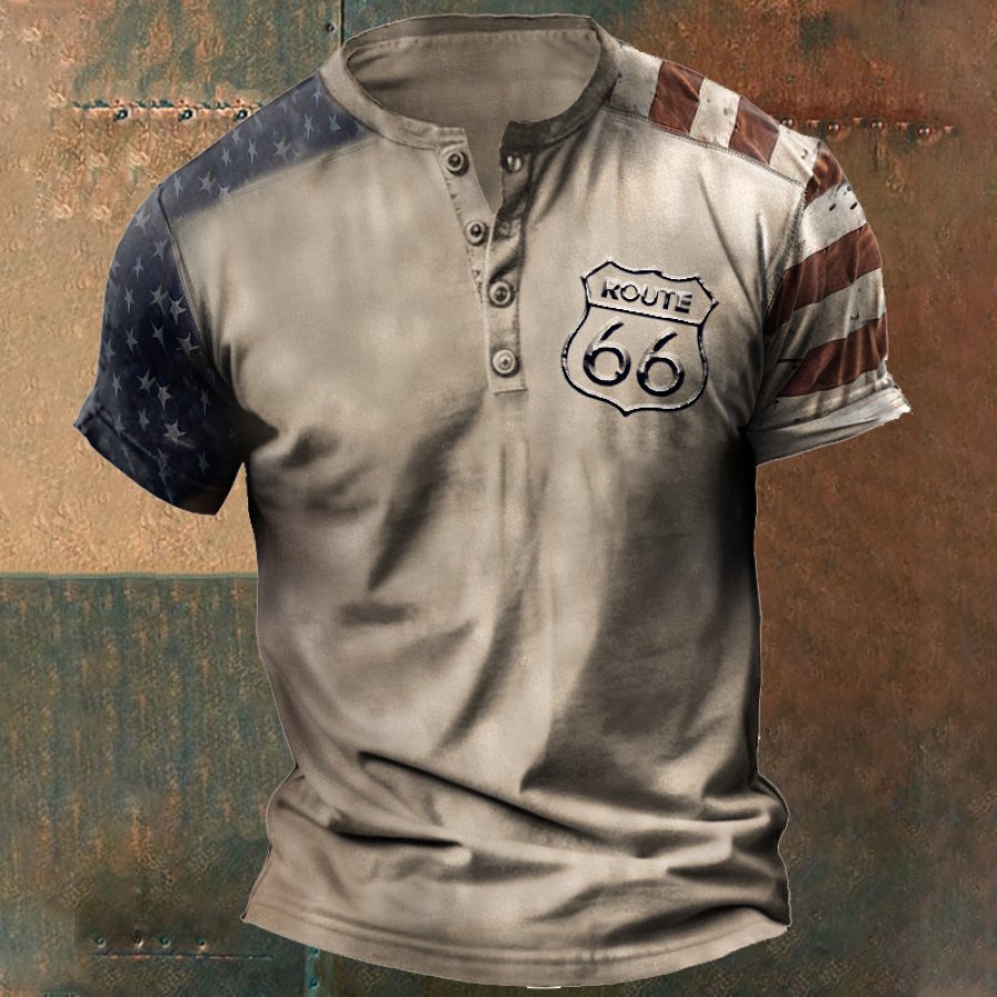 

Men's Vintage American Flag Route 66 Print Henley T-Shirt