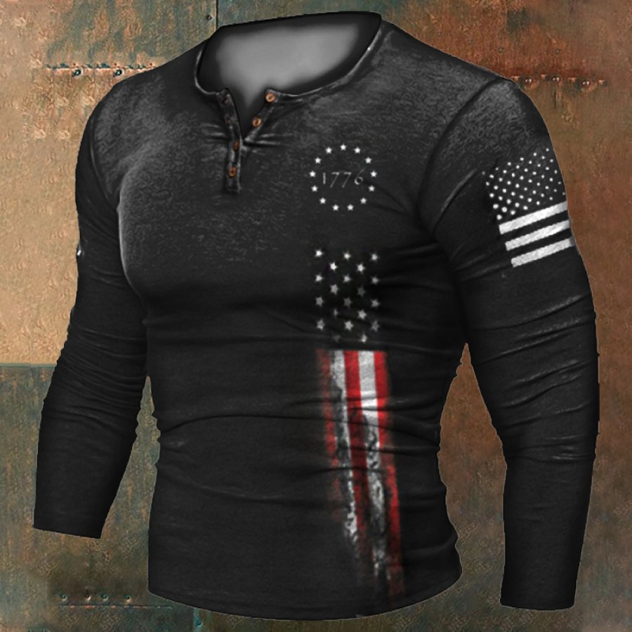 

Men's 1776 Independence Day American Flag Print Henley Collar Long Sleeve T-Shirt
