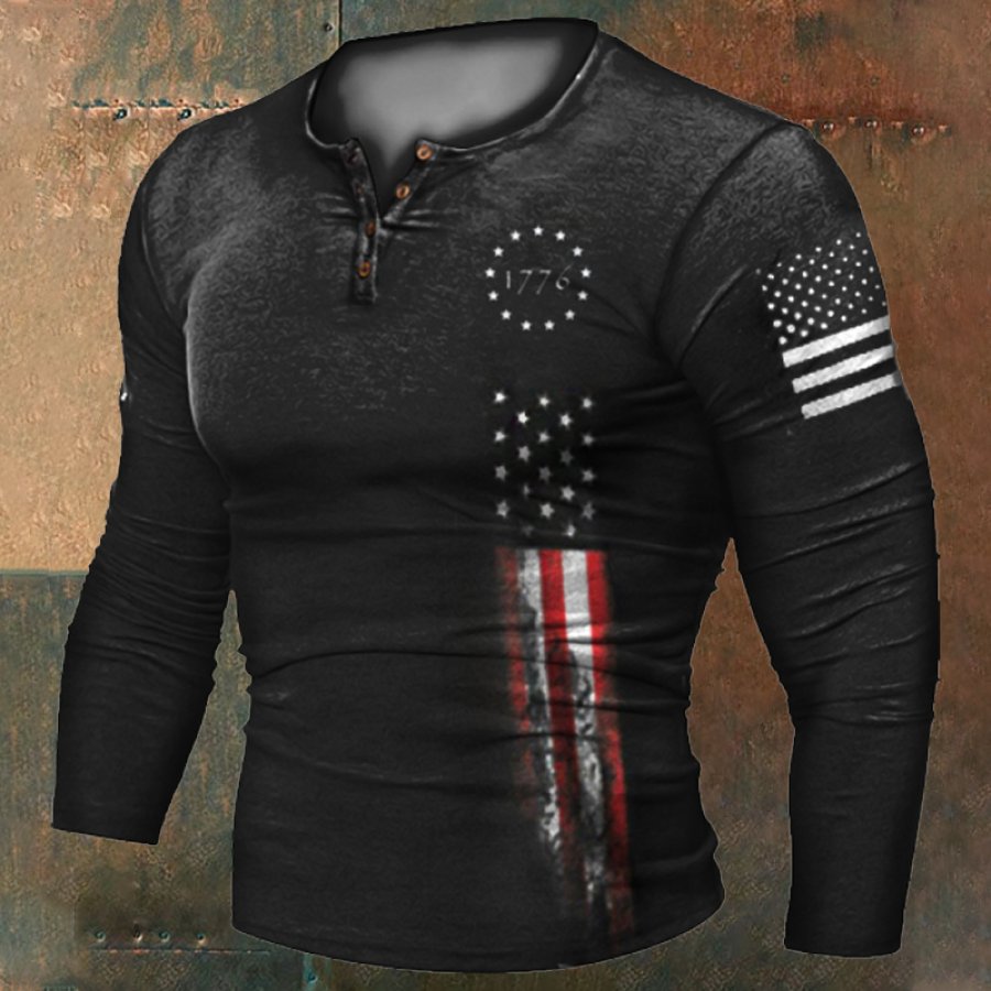 

Camiseta De Manga Larga Con Cuello Henley Y Estampado De Bandera Estadounidense Del Día De La Independencia De 1776 Para Hombre