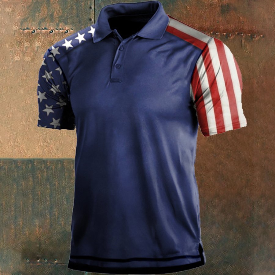 

T-shirt D'extérieur à Col Polo Et Imprimé Drapeau Américain Pour Hommes