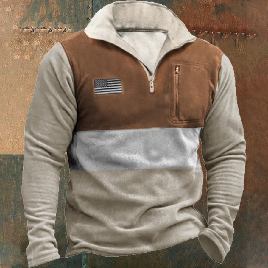 

Sudadera De Invierno Con Cremallera Y Contraste De Color De La Bandera Americana De Un Cuarto Para Hombre