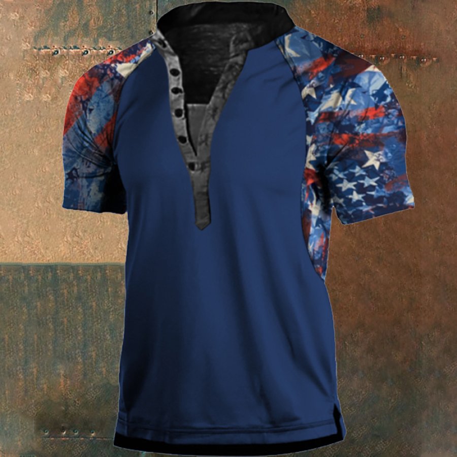 

Men's American Flag Print Panel Henley Collar T-Shirt