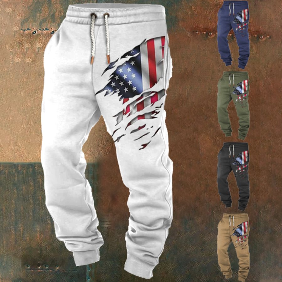 

Men's Vintage American Flag Print Pocket Casual Athletic Elastic Waist Trousers