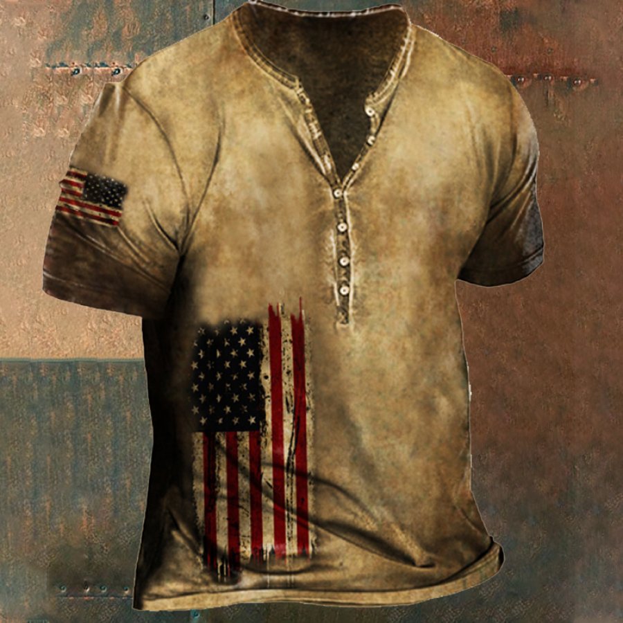 

Taktisches Henley-Kurzarm-T-Shirt Für Herren Im Vintage-Stil Mit Amerikanischer Flagge