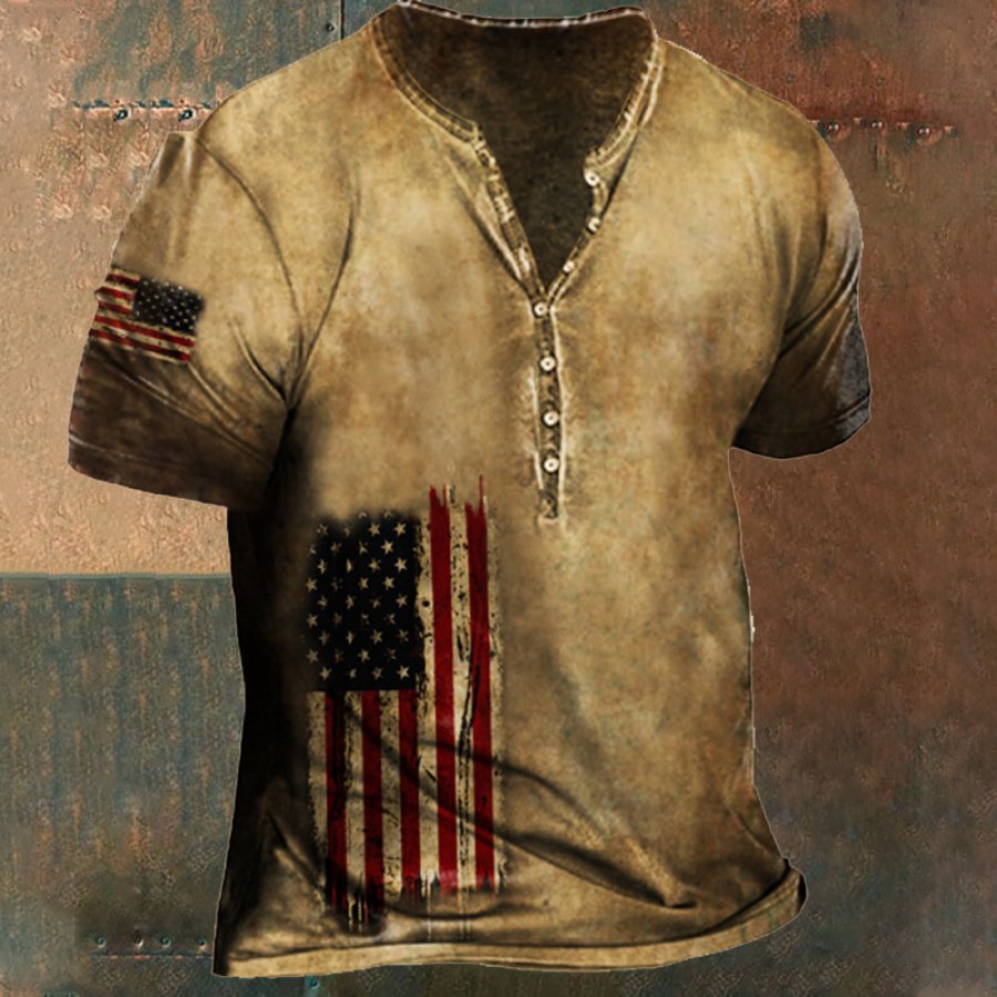 

Camiseta De Manga Corta Táctica Henley Para Hombre Con Estampado De Bandera Estadounidense Vintage