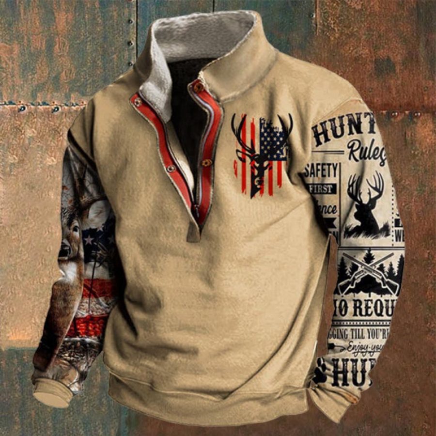 

Vintage Men's Outdoor American Deer Print Stand Collar Sweatshirt