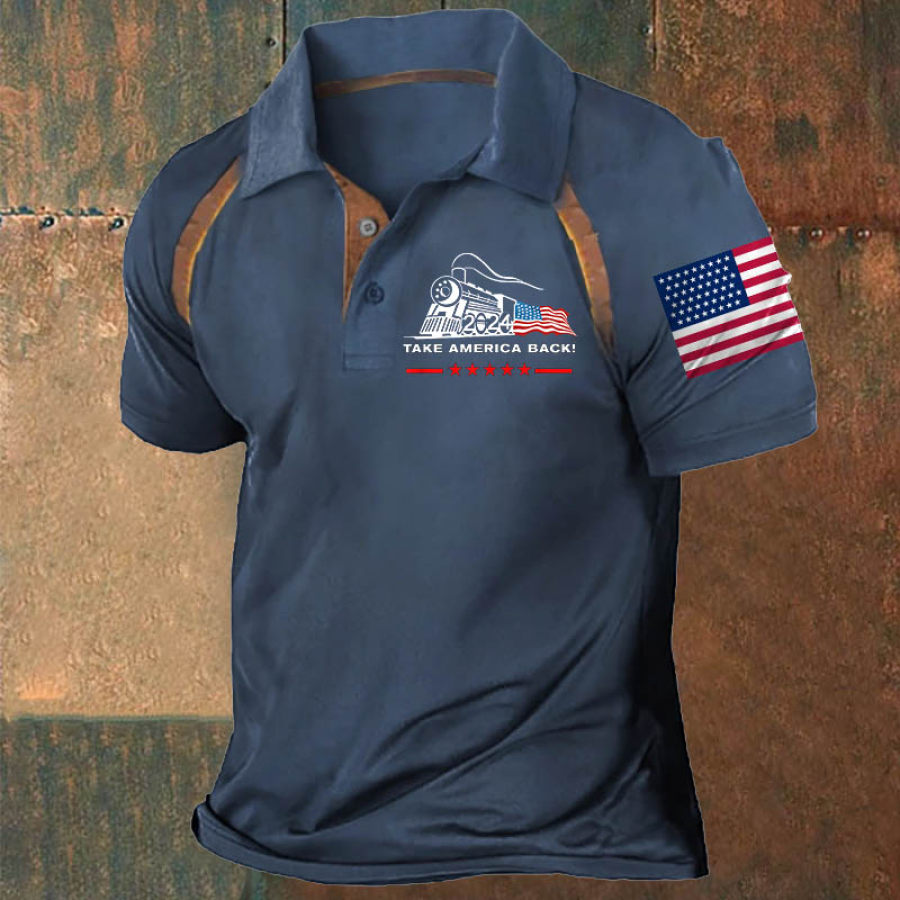 

Мужская рубашка-поло Take America Back с флагом поезда винтажная уличная рубашка с цветными блоками с коротким рукавом летние повседневные топы