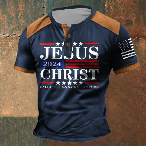 Men's T-Shirt Jesus Christ American Flag Patriotic Vintage Henley Color Block Short Sleeve Summer Daily Tops - Cotosen.com