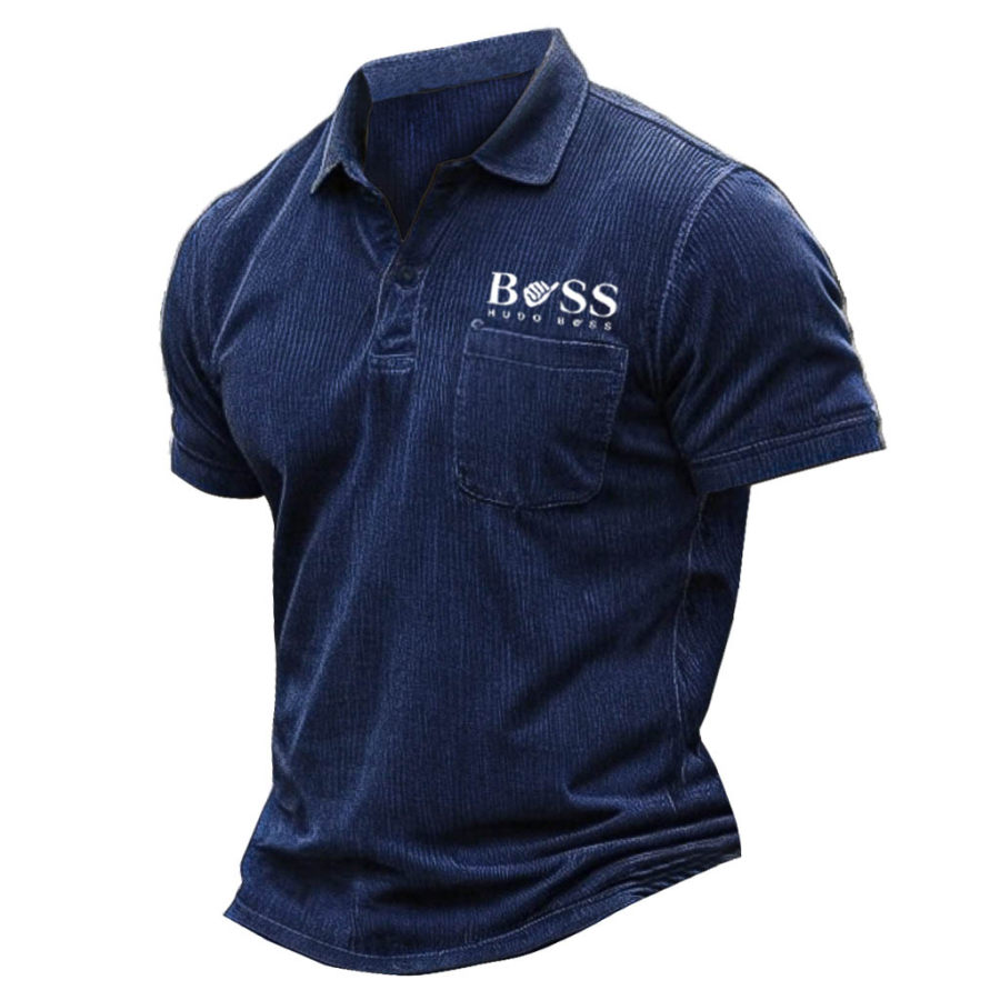 

Poloshirt Für Herren Vintage Boss Geripptes Leichtes Cord Tasche Kurzärmelig Lässiges T-Shirt