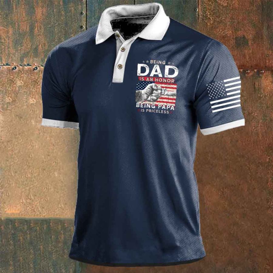 

Men's Vintage American Flag Being Dad Is An Honor Being Papa Print Polo Short Sleeve T-Shirt