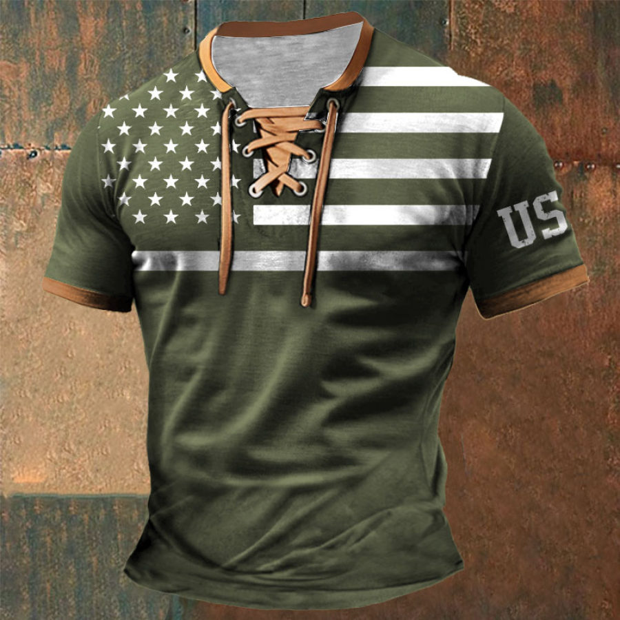 

Men's T-Shirt American Flag USA Patriotic Vintage Lace-Up Short Sleeve Color Block Summer Daily Tops