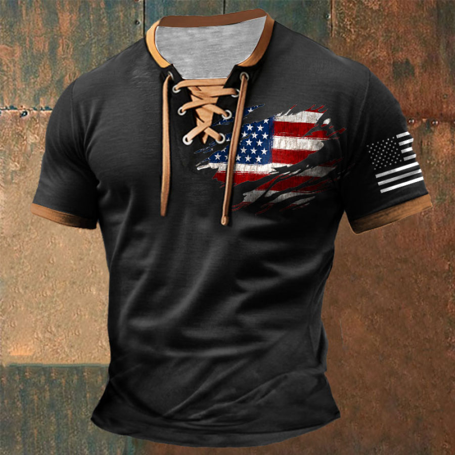 

Herren T-Shirt Amerikanische Flagge Patriotisch Vintage Schnürung Kurzarm Farbblock Sommer Alltag Tops