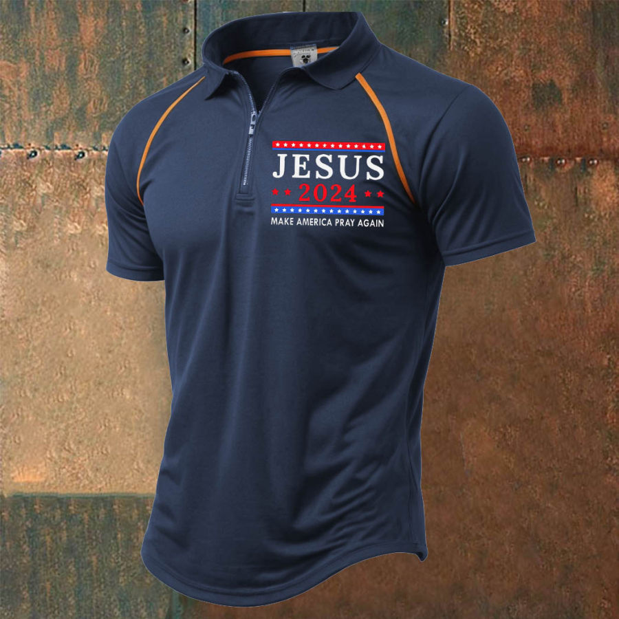 

Men's Vintage Jesus Make America Pray Again Zipper Polo Collar Contrast Color Short Sleeve T-Shirt