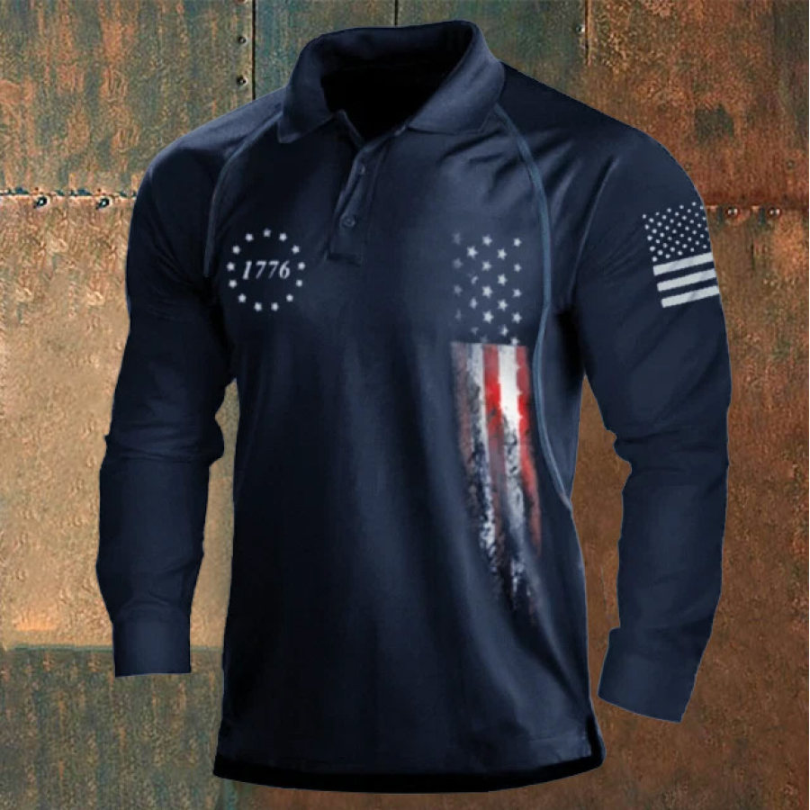 

Men's 1776 Independence Day American Flag Graphic Print Long Sleeve Polo Shirt