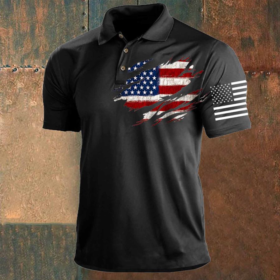 

Herren T-Shirt Polo Vintage Amerikanische Flagge Unabhängigkeitstag Kurzarm Outdoor Sommer Alltag Top Marineblau Schwarz Khaki