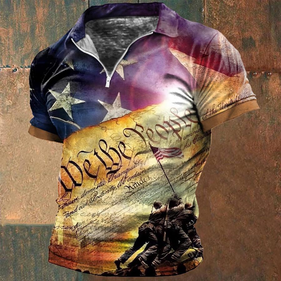 

T-shirt Polo Zippé Vintage American Flag Independence Day Pour Homme