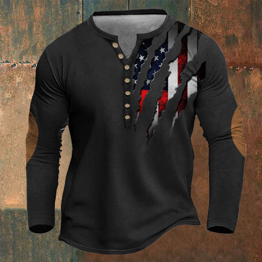 

Men's T-Shirt Henley American Flag Scratch Long Sleeve Vintage Color Block Daily Tops