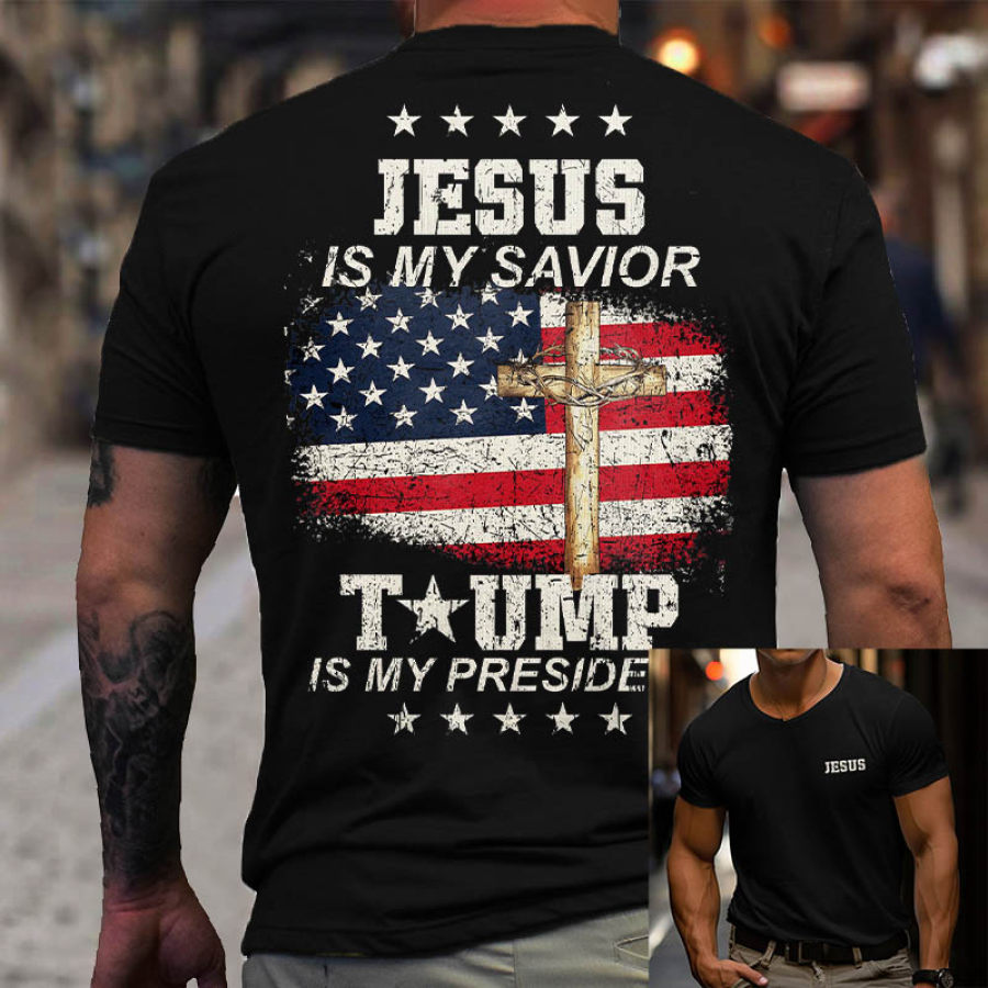 

T-shirt Vintage à Manches Courtes Et Col Rond Pour Homme Imprimé Croix Drapeau Américain Jésus Est Mon Sauveur