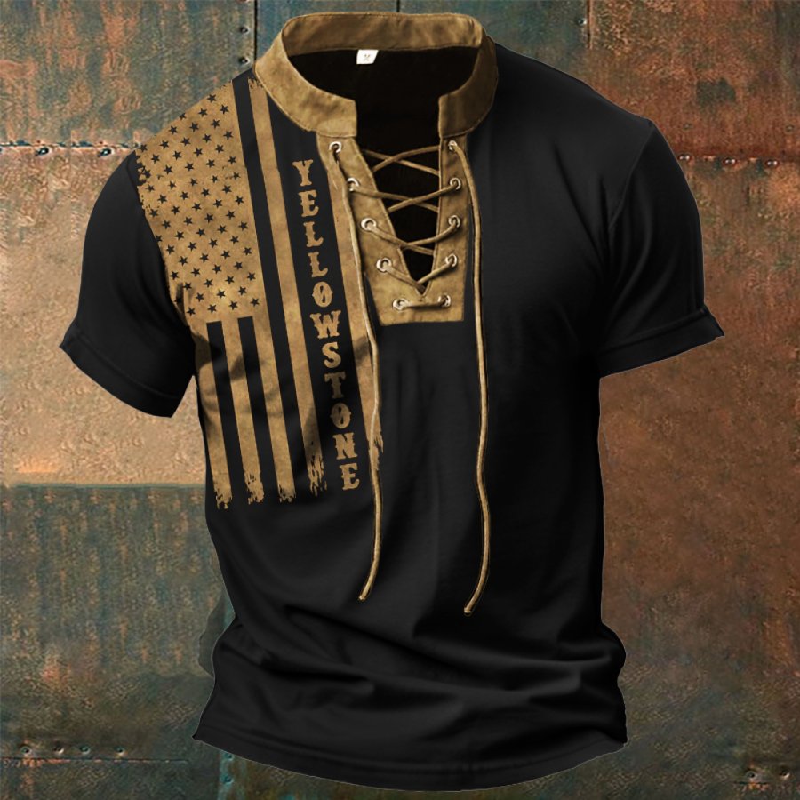 

T-shirt à Manches Courtes à Lacets Imprimé Drapeau Américain En Pierre Jaune Pour Hommes