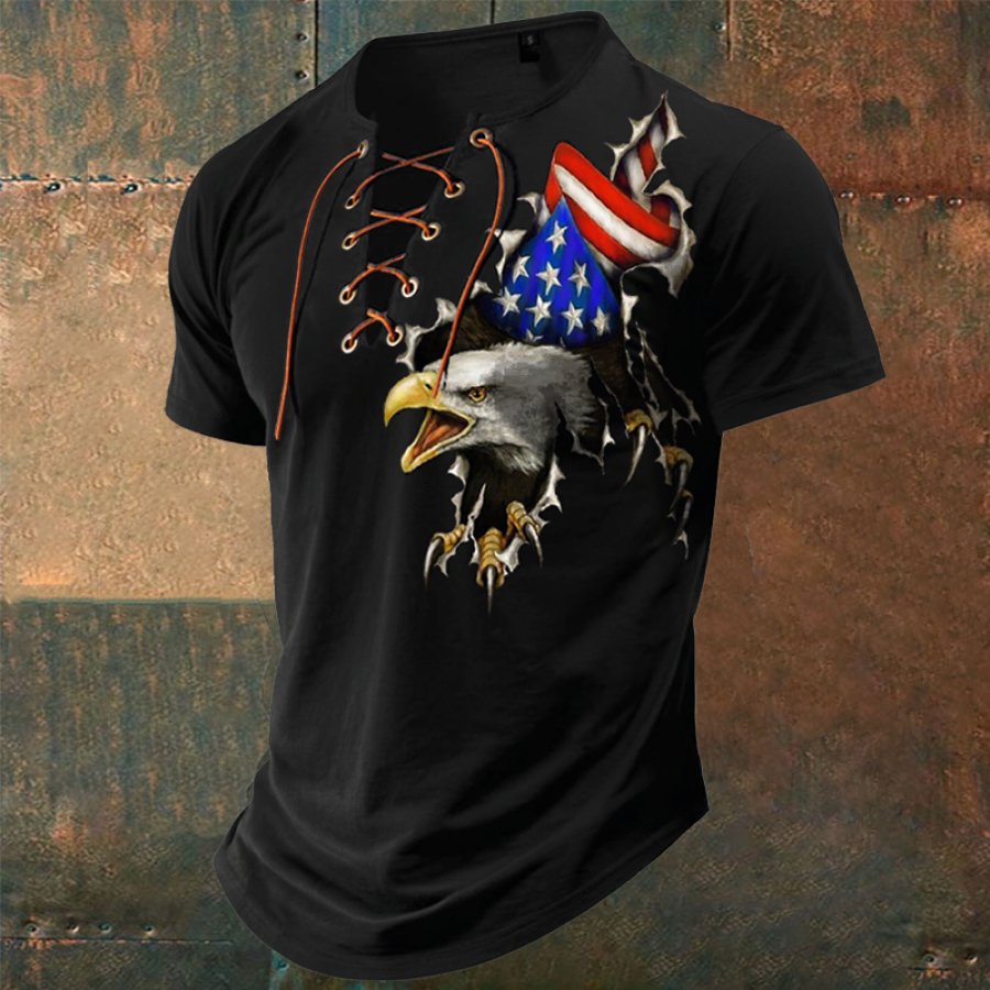 

T-shirt à Manches Courtes à Lacets Imprimé Drapeau Américain Pour Hommes