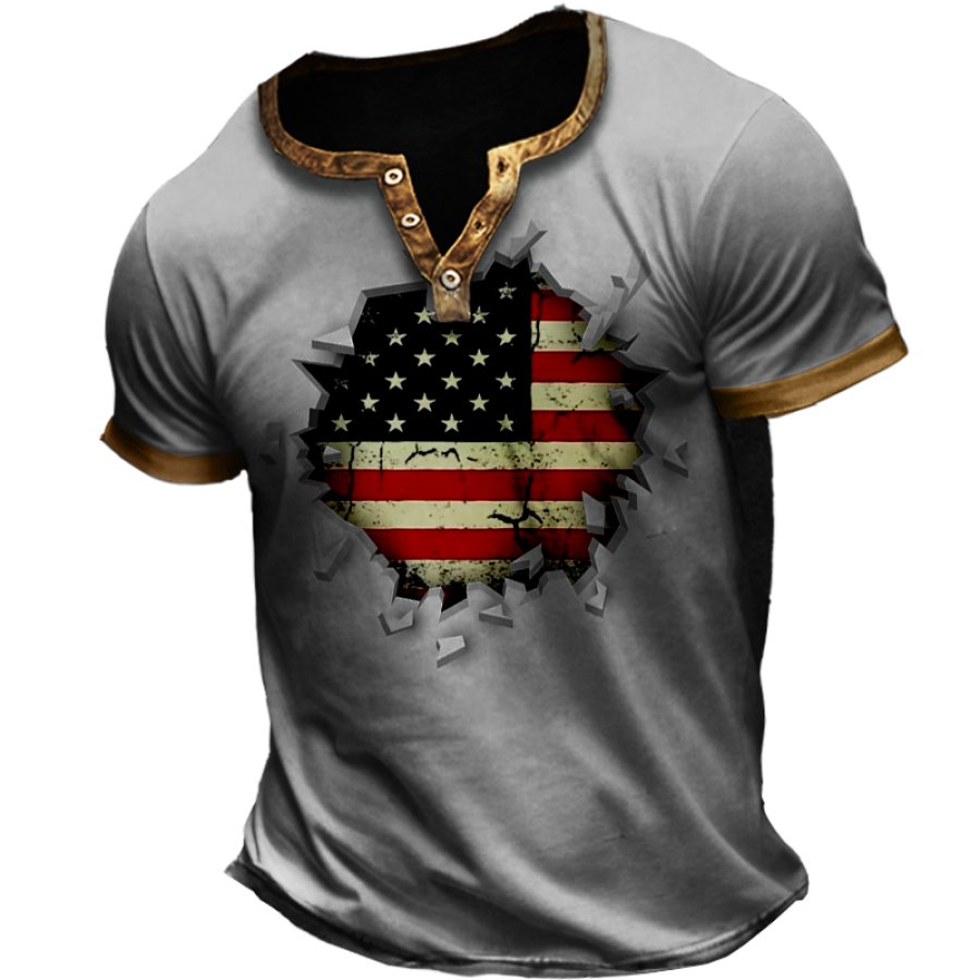 

Men's The Flag Of The United States Vintage Collar Color Contrast Henry Print T-shirt