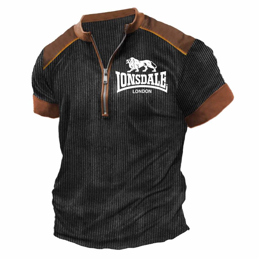 

Vintage Lonsdale Lion T-Shirt Aus Leichtem Geripptem Cord Mit Farbblock-Reißverschluss Und Henley-Kragen Für Herren