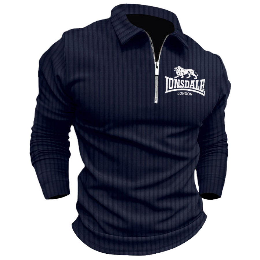 

Men's Lonsdale Polo Zip Shirt Stripe Long Sleeve Lapel T-Shirt Casual Fit Tops