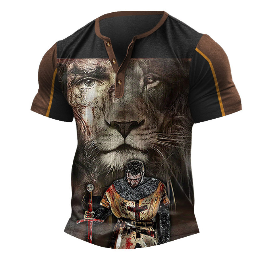 

Men's Vintage Templar Lion Color Block Henley Short Sleeve T-Shirt