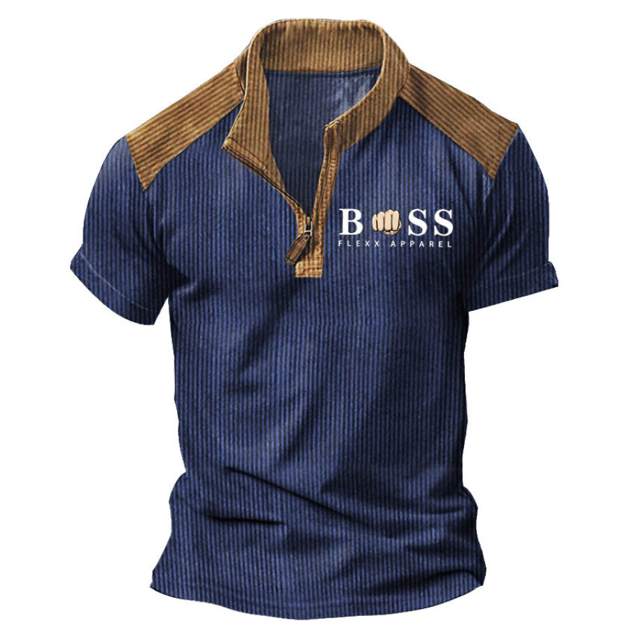 

Men's Boss Ribbed Lightweight Corduroy Zipper Stand Collar Vintage Color Block Summer Short Sleeve T-Shirt