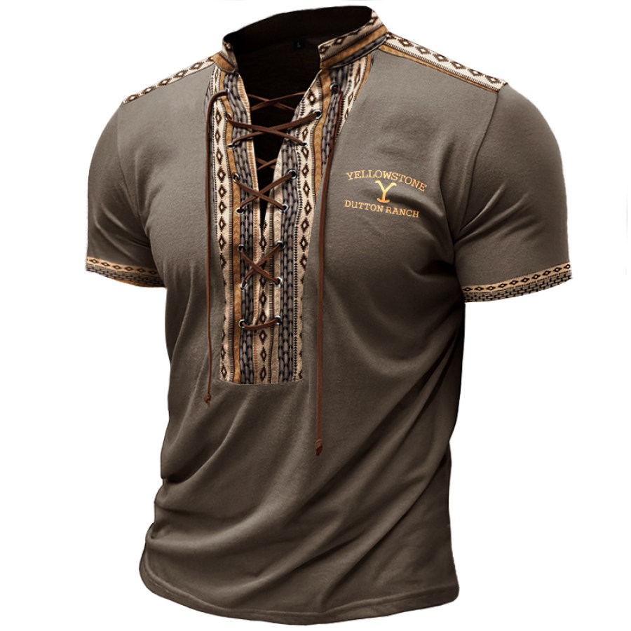 

Men's Yellowstone Bohemian Style Collar With Drawstring Short Sleeves