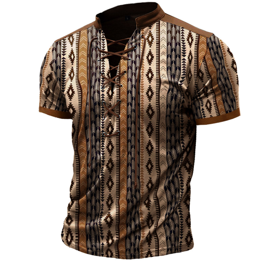 

Men's Yellowstone Bohemian Style Suede Collar With Drawstring Short Sleeves