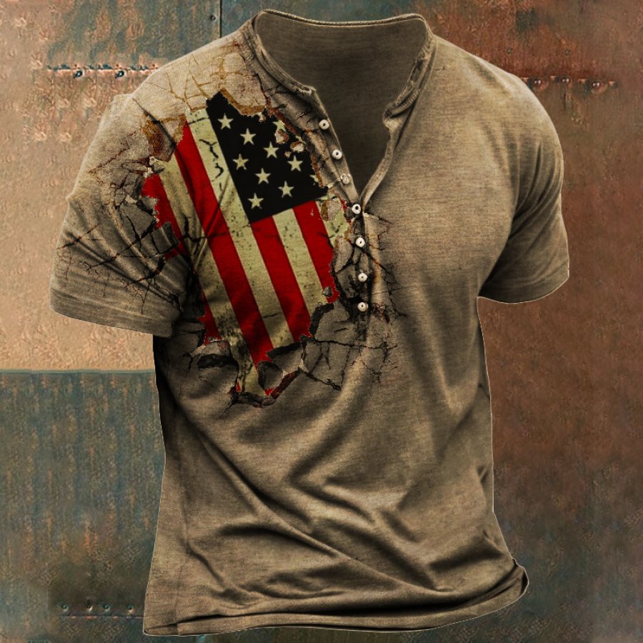 

Мужская винтажная футболка с воротником-хенли и трещинами на стене с американским флагом