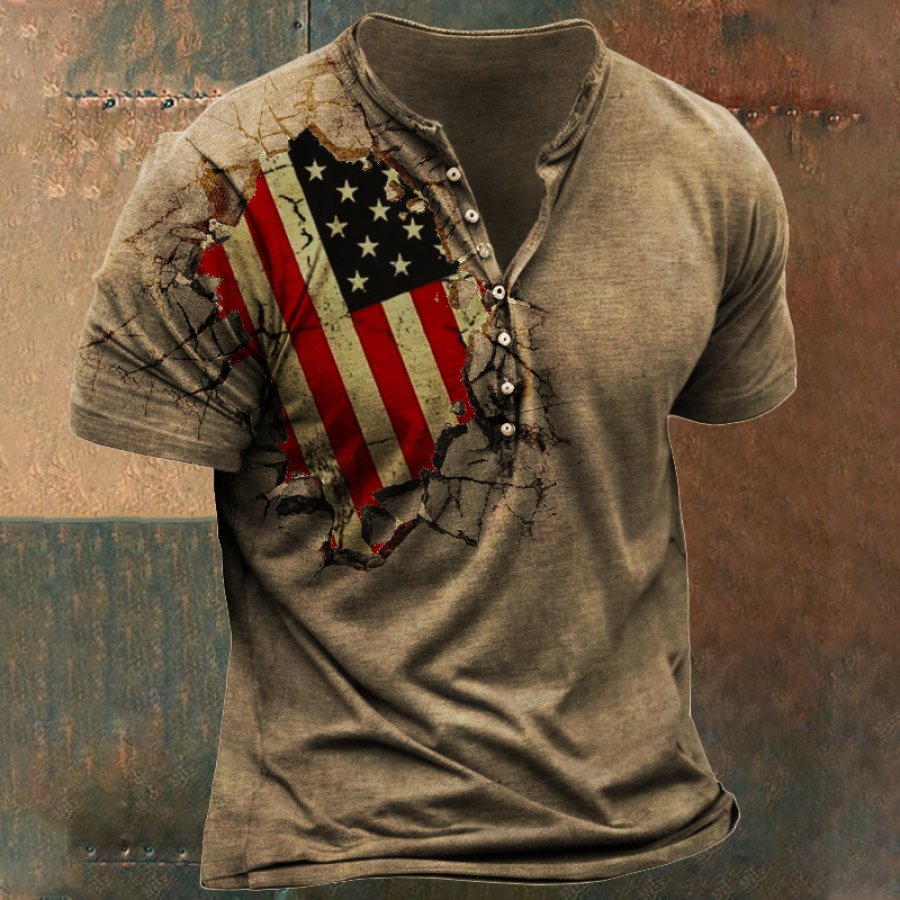 

Men's Vintage Henley Collar Wall Cracked American Flag T-Shirt