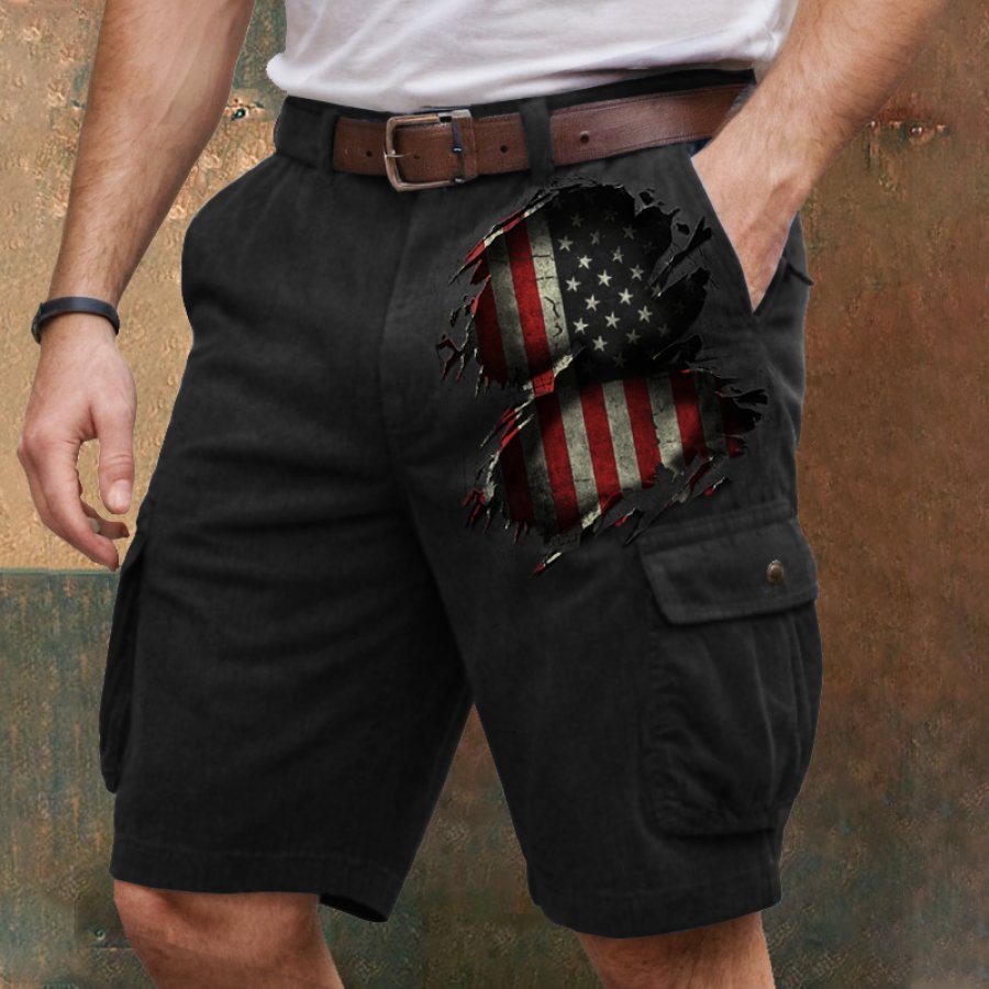

Pantalones Cortos Tipo Cargo Con Bandera Americana Agrietada Y Pared Vintage Para Hombre